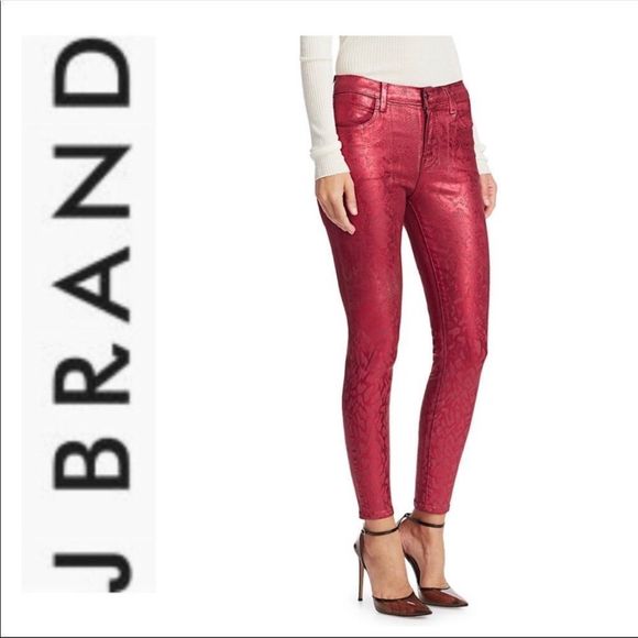 J. Brand Red Snakeskin Python Glossy Coated Pants Jeggings Skinny Fit - Picture 2 of 9